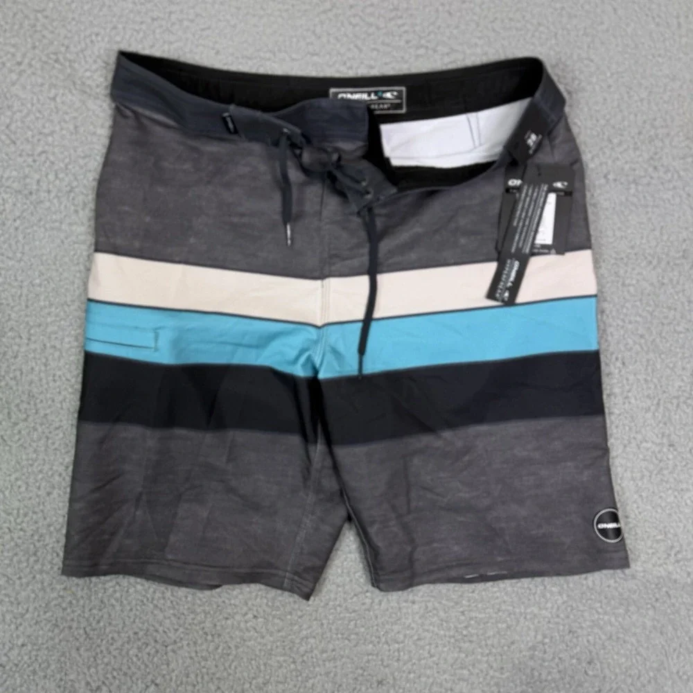 O'Neill Hyperfreak Board‎ Shorts Men 28 Grey Striped Surf Swim Trunks Stretch